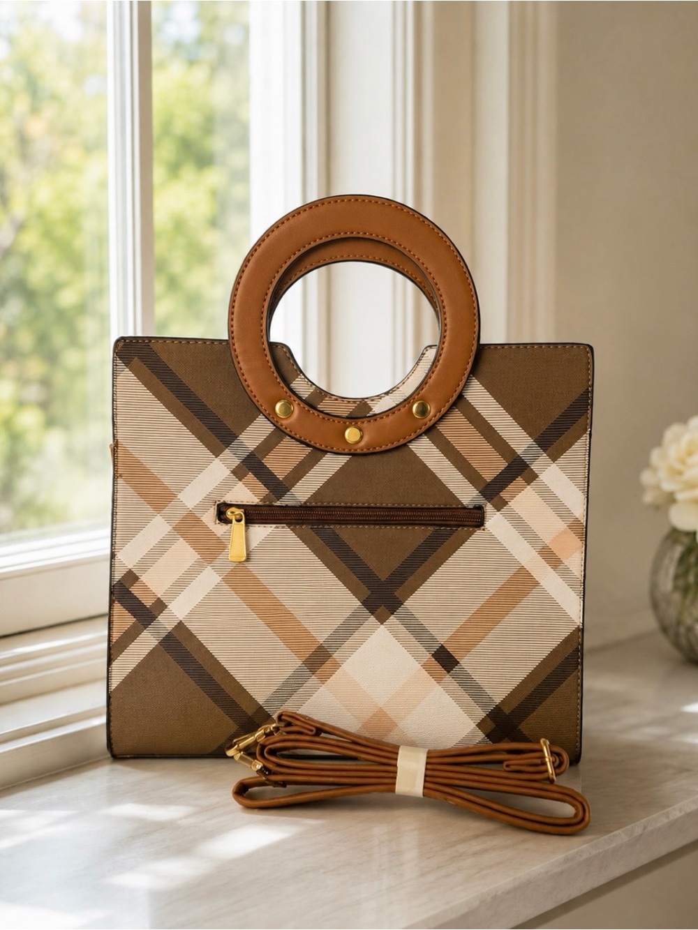Plaid Structured Satchel Handbag with Round Handles & Shoulder Strap – Brown/Tan - Picture 4 of 4